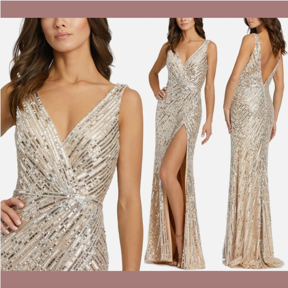 NWT $398 Mac Duggal [ 10 ] Sleeveless Diagonal Sequined V-Neck Gown Silver #Q763